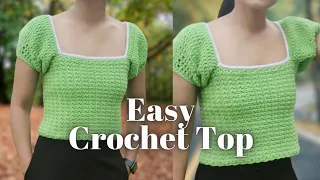 Crochet easy puff sleeves top tutorial for beginners #crochet #starstitch #top #crochetwithpia
