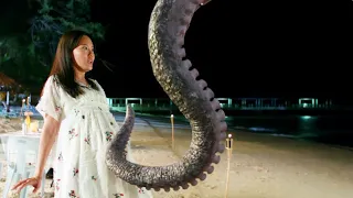 The big octopus went on a rampage at the beach to avenge his son, but spared the pregnant woman