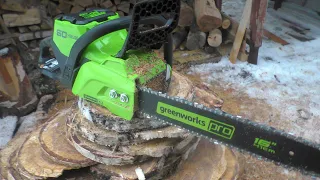 Sawing birch 30 cm on one battery.Test and review of the Greenworks 60V GD60CS40 cordless saw.