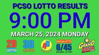 9pm Lotto Results Today March 25, 2024 Monday pcso ez2 swertres 2d 3d 4d 6/45 6/55