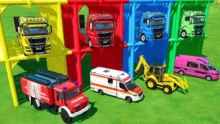 TRANSPORTING FIRE DEPARTMENT, AMBULANCE, LOADER, POLICE  MINIBUS WITH MAN TRUCKS ! FS22