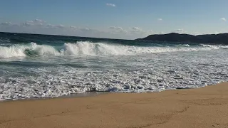 Beach of Sarti, Sithonia in January 2020, view of Mount Athos