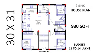 30 X 31 HOUSE PLAN  II 30 X 31 BUILDING PLAN II 930 SQFT GHAR KA NAKSHA II 3 BHK HOUSE PLAN