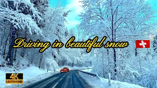Driving in beautiful snow | Switzerland | Beautiful villages |  Relaxing music | 4K 🚗