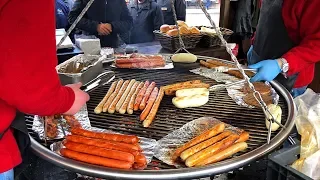 Grilling Burgers, Sausages, & Hot Dog on Huge BBQ Grill | Christmas Market in Amsterdam