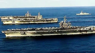 SPECTACULAR SIGHT: B-1B Strategic Bombers LOW-LEVEL FLYOVER 3 Super-Carriers In The Sea Of Japan!