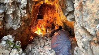 Solo BUSHCRAFT Winter Camping; I Built a CAVE with Fireplace, SURVIVAL SHELTER