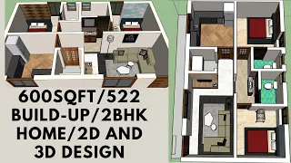 21x29 / 600 sqft plot size/ build-up 522 sqft/ 2 BHK home /2D and 3D design...