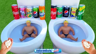 Experiment !! Stretch Armstrongs VS Cola, Fanta, Lipton, Pepsi, Fruko, Sprite and Mentos in toilet