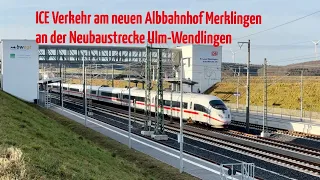 Highspeed ICE Verkehr am neuen Albbahnhof Merklingen an der Neubaustrecke Ulm-Wendlingen-Stau auf A8