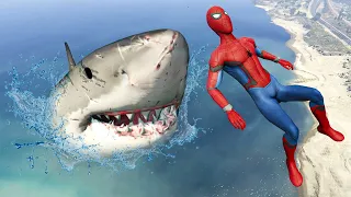 GTA 5 Water Ragdolls | BIG-SHARK vs SPIDER-MAN Jumps/Fails (Euphoria Physics, Funny Moments) Ep.84