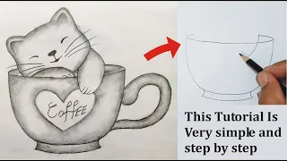 Pencil Drawing Easy Ideas || Cute Cat and Mug Drawing || Easy Coffee Mug Drawing