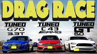 Tuned Genesis G70 vs Tuned MB C43 AMG vs Tuned Mustang GT 10AT  Drag and Roll Race.