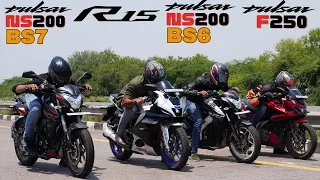 Pulsar NS200 bs7 vs Pulsar NS200 bs6 vs Yamaha R15M BS7 vs Pulsar F250 Drag Race