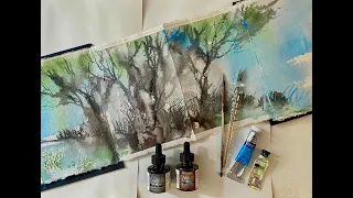 Beginner friendly Quick Loose Trees, 4 Page Stetchbook Spread watercolor ink landscape painting
