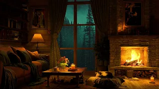 Jazz Relaxing Music in Cozy Reading Nook Ambience | Fireplace Burning & Rain for Calm, Study💤