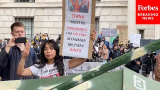 Demonstrators Protest Outside China's London Embassy On Tiananmen Square Massacre Anniversary