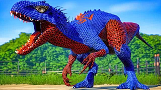 NEW! SPIDERMAN INDOMINUS REX VS TYRANNOSAURUS REX VS ALIEN INDORAPTOR JURASSIC WORLD DINOSAURS FIGHT