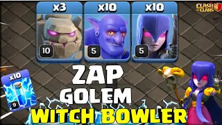 Th13 Golem Bowler Witch Attack With 10 Zap Spell | Best Th13 Attack Strategy in Clash of Clans | coc