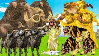 5 zombie tigers and 5 lions vs 5 giant wolves attack the baby cow saved by the woolly mammoth!