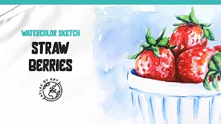 Watercolour sketch: strawberries in a white bowl