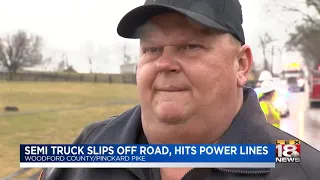 Semi Truck Slips Off Road, Hits Power Lines