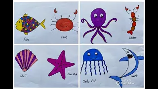 Easy Water Animals or Sea creatures drawing -( Fish, Crab, Starfish, Octopus, JellyFish, Shark etc )
