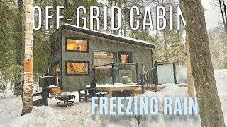 Off-Grid Tiny Cabin in the Winter Forest - E.1 - Freezing Rain Trek & Tiny Home Tour
