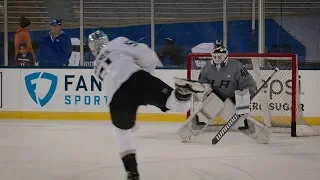 Los Angeles Kings goalie Cal Petersen wears a GoPro during Stadium Series practice