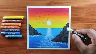 Draw A Beach Sunset Scenery / Oil Pastel Drawing for Beginners / Nature Drawing for Beginners