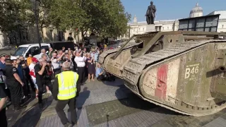 Tank 100 years - Mark IV tank moving out of Trafalgar Square, London