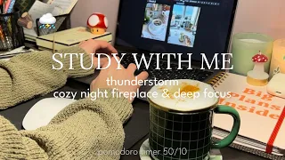 3-HR STUDY WITH ME 🪵☔️ relaxing thunder & crackling fireplace [pomodoro 50/10] Real time