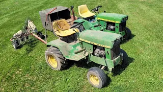 tall grass, picking up grass clipping with turf groom 136 sweeper, estate rake, and john deere 140s