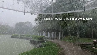 4K ASMR WALKING through the RAINY PARK. HEAVY RAIN sounds for sleep therapy.