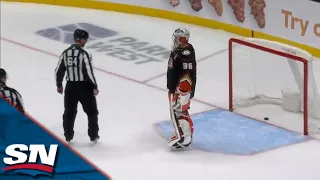 Evander Kane Takes Advantage of Stickless John Gibson After Corey Perry Whacks Paddle