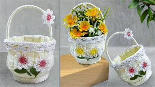 Make a flower vase from a Paper Cup and wool | Woolen Flowers Basket craft idea 🌹🌺 | Home Decor