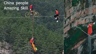 Amazing skills of China people | Dangerous rope cycling skills #china #dangerous