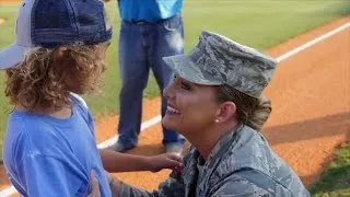 Little Boy Throwing First Pitch at Baseball Game Gets Surprised By Military Mom