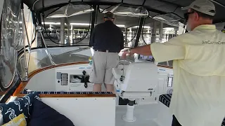 Big boat, Tight dock  Watch as we use the twin engines and throttles to ease out