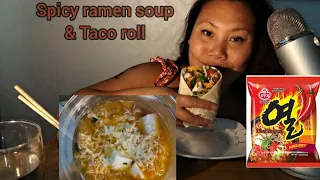 MUKBANG Super spicy ramen with soft tofu and taco roll 🌯🍜 (eatingsound)