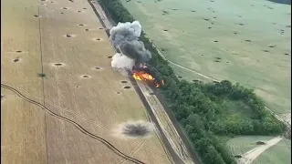 Russian Ukraine War 02/07/2022. Bright explosion of a Russian tank