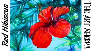 Easy Red hibiscus Tropical Step by step Acrylic tutorial | TheArtSherpa