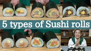 Japanese girl makes sushi roll.  5 types of sushi rolls. [Japanese home cooking]