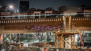 DANGEROUS!! BUGE (BAMC) doing GRAFFITI on a BRIDGE in LA!