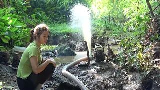 The girl catch a lot of fish in the wild lake by using a large pump to suck up the shallow water