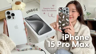 (cc)Unboxing iPhone 15 Pro Max  White Titanium + Cute accessories, Video and Photo Camera Test