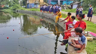 Fishing video || traditional three lady catching big fish with hook in village pond #video