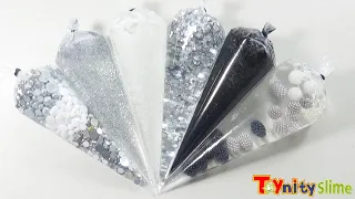 Making Black White Gray Silver Glitter Slime with Piping Bags★ASMR★Satisfying Crunchy Slime DIY 2021