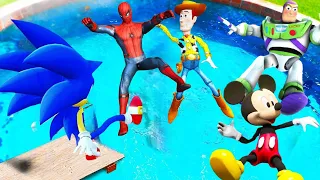 GTA5 Sonic Spiderman Woody Buzz Mickey - Jump Fails Ragdolls  Funny moments (Euphoria Physics)