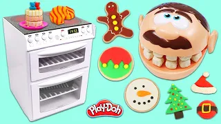 Pretend Baking DIY Play Doh Christmas Cookies with Mr. Play Doh Head & Kitchen Toy Oven & Stove Set!
